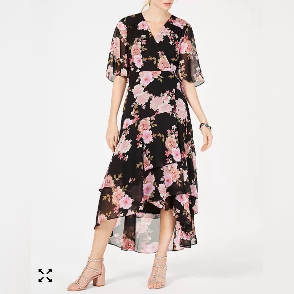 INC Floral Kimono Maxi Dress Women’s 8 High Low Hem V-Neck Floral Print